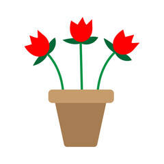 Red Tulips Flowers In A Clay Garden Pot Plant Flat Vector Illustration 