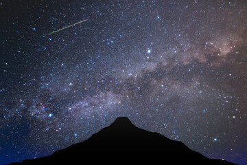 The Milky Way spreads out in the sky and shooting stars are flowing.
