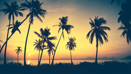 Obraz na płótnie Canvas Silhouette coconut palm trees on the beach at sunset. vintage tone. - generative ai