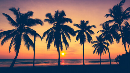 Fototapeta na wymiar Silhouette coconut palm trees on the beach at sunset. vintage tone. - generative ai