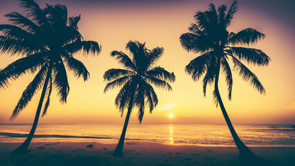 Fototapeta na wymiar Silhouette coconut palm trees on the beach at sunset. vintage tone. - generative ai