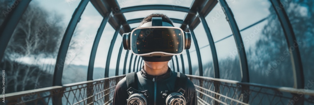 Poster a man wearing a virtual reality headset on a bridge. generative ai image.