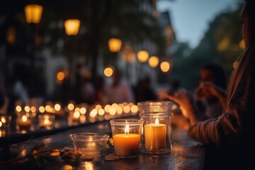 Outdoors Bar at night. Silhouettes of people drinking and having fun on city streets. Generative AI