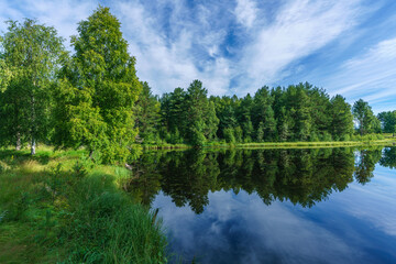 Fototapeta na wymiar Beautiful summer view from a calm and shiny river in Sweden