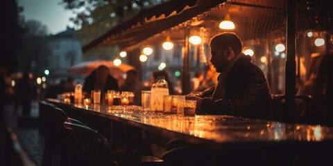 Outdoors Bar at night. Silhouettes of people drinking and having fun on city streets. Generative AI