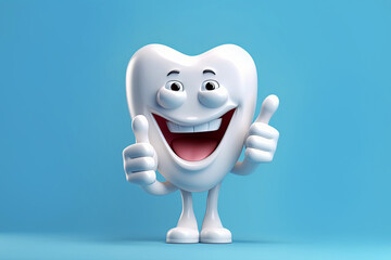 Tooth with thumb up over blue background, dentistry toothcare. Generative Ai