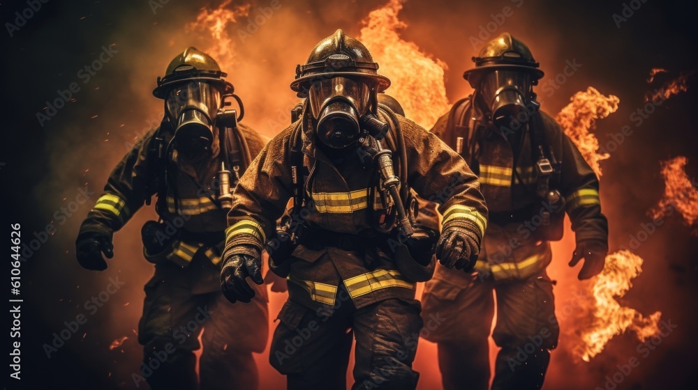 Poster a group of firemen in protective gear walking in front of a fire. generative ai image.