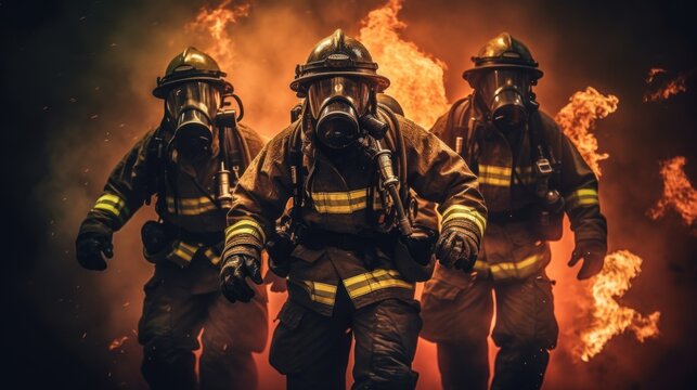 A group of firemen in protective gear walking in front of a fire. Generative AI image.