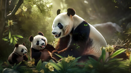 Fototapeta na wymiar Sand Bär mit Panda Babys in einem Bambuswald. Generiert mit KI