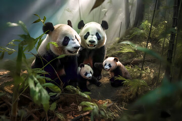 Obraz na płótnie Canvas Sand Bär mit Panda Babys in einem Bambuswald. Generiert mit KI