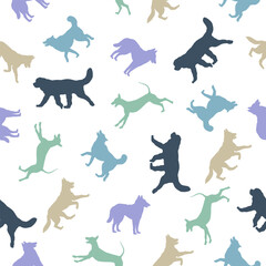 Dogs different colors isolated on a white background. Seamless pattern. Endless texture. Design for fabric, decor, wallpaper, wrapping paper, surface design. Vector illustration.