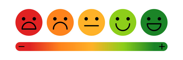 Sad, neutral, satisfied, happy emoji set on white background. Emotion levels on scale different faces icon. Satisfaction, pain feedback with emoticon concept. Vector illustration flat, gradient style.