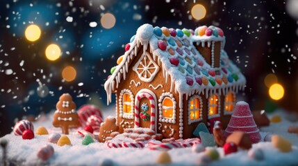 Fototapeta na wymiar A close-up shot of a perfectly decorated gingerbread house with colorful candies and icing details - Generative ai