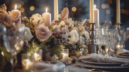 A close-up shot of a festive holiday table setting with sparkling silverware, crystal glasses, and elegant floral centerpieces - Generative ai