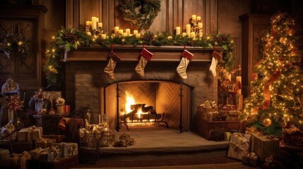 Fototapeta na wymiar A cozy fireplace with crackling flames, surrounded by lush greenery, adorned stockings, and carefully wrapped presents - Generative ai