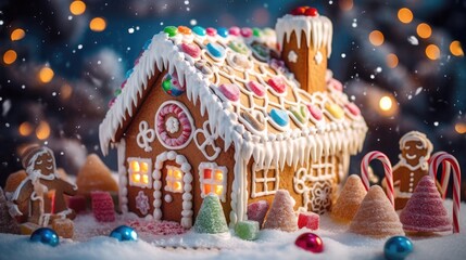 A close-up shot of a perfectly decorated gingerbread house with colorful candies and icing details - Generative ai