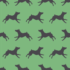 Running miniature pinscher puppy isolated on a green background. Seamless pattern. Endless texture. Design for wallpaper, fabric, template, printing. Vector illustration.