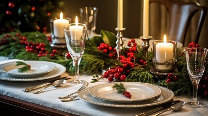 Fototapeta premium A festive table setting with crisp white linens, gleaming silverware, and a centerpiece of fresh holly and red berries - Generative ai