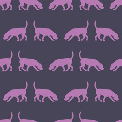 Dog silhouette. Walking and sniffing english beagle puppy isolated on a purple background. Seamless pattern. Endless texture. Use for wallpaper, fabric, template, print. Vector illustration.