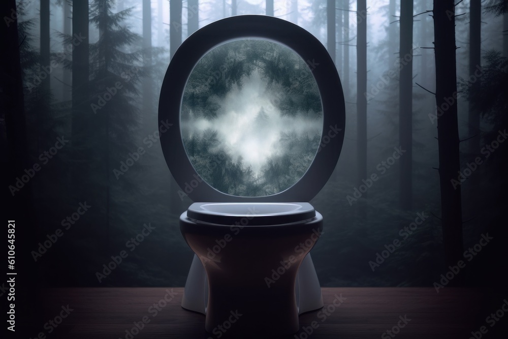 Poster a toilet in the middle of a dark forest. generative ai image.