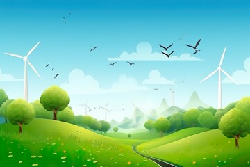 Harmony of the Green: A Fantastic Futuristic Illustration of a Perfect Green World, Showcasing Wind Turbines, Electric Cars, Buildings Integrated with Trees, Lush Woods, Birdlife, and a Blue Sky Illum