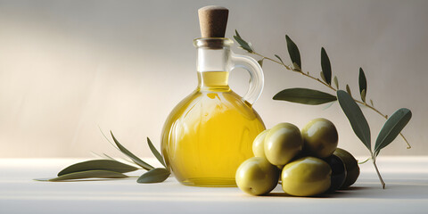 Olive oil in glass bottle with olives and leaves on rustic background with copy space. AI generated