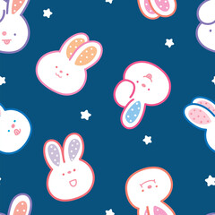Seamless Childish Pattern with Cartoon Rabbit Face and Star Design on Dark Blue Background