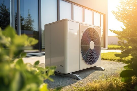 A Photographic Close-up of a Heat Pump in Front of a Modern House, Surrounded by Lush Grass, Vibrant Plants, and Bathed in Perfect Light - A Vision of Sustainable Living in Harmony with Nature