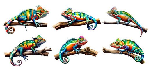 Watercolor chameleon set on transparent background. Generative Ai