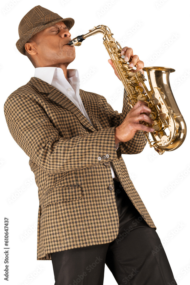 Poster saxophonist. man playing on the gold saxophone