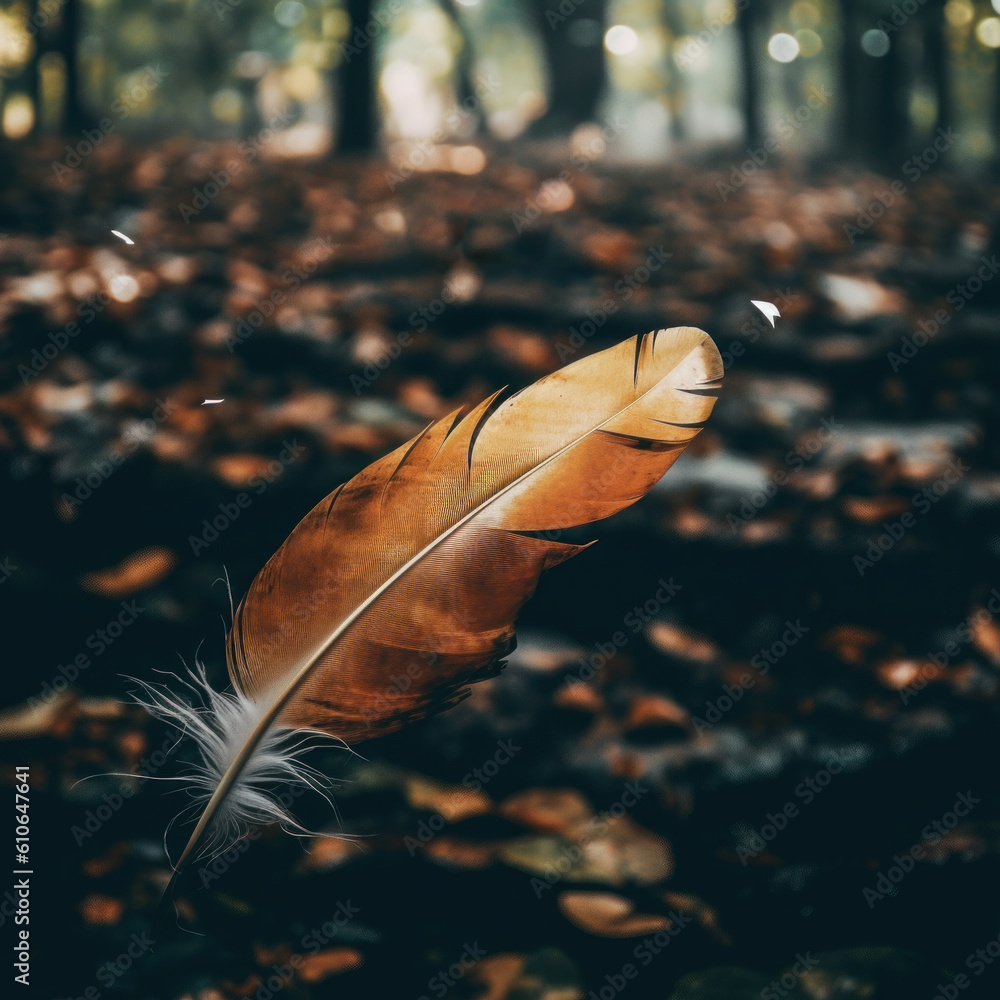 Poster a feather that is laying on the ground. generative ai image.