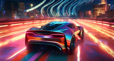 A futuristic looking sports car racing on a track, leaving neon trail of lights from the back, bright color lights. Generative Ai