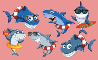 Obraz na płótnie Canvas Set of summer shark cartoon character
