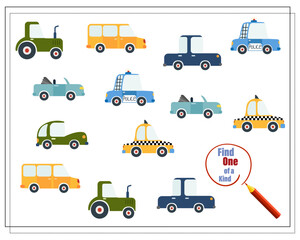Find a couple, educational game for children, cartoon cars