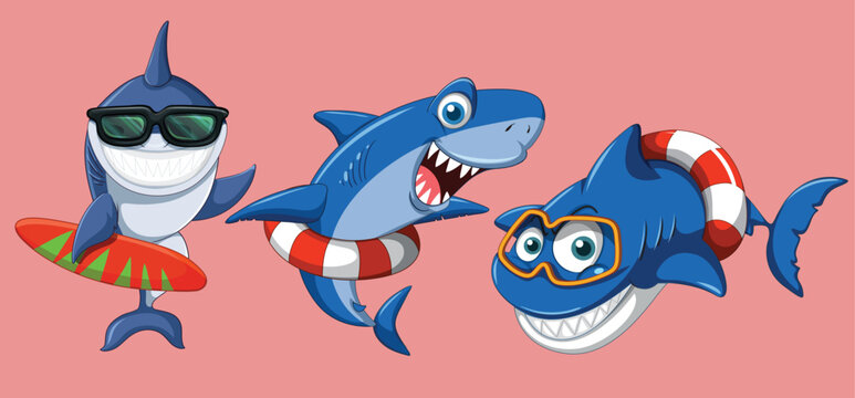 Set of summer shark cartoon character