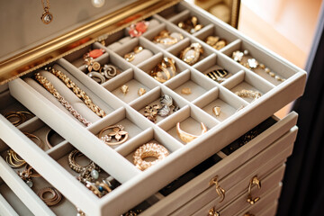 An expensive jewelry box filled with expensive jewelry, rings, earrings and necklaces