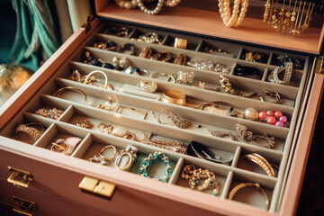 An expensive jewelry box filled with expensive jewelry, rings, earrings and necklaces