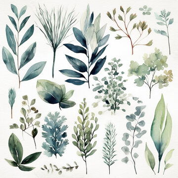 Watercolor plant leaf elements,created with generative ai tecnology.
