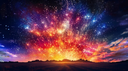 A burst in the night sky with bright light shinning down on the ground, starry night sky, colorful light. Generative Ai