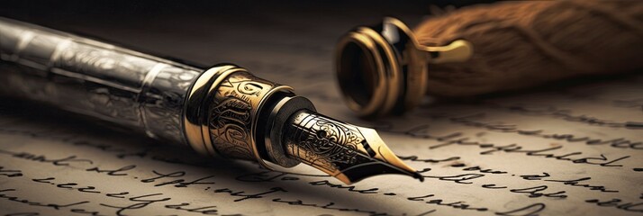 Fountain pen resting on handwritten document. Generative ai