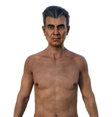 A 3D photorealistic illustration featuring the upper half part of an elderly Indian man
