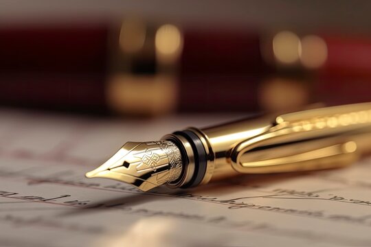 Fountain pen resting on handwritten document. Generative ai