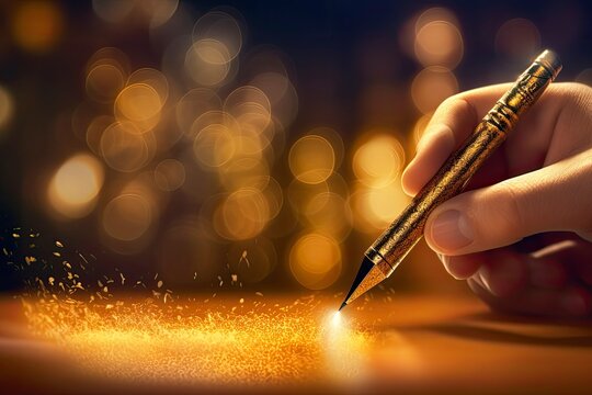 pen leaving sparks of light while writing. Generative ai