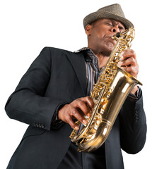 Obraz na płótnie Canvas Saxophonist. Man playing on the gold saxophone