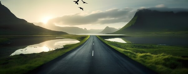 A Photographic Journey on a Black Asphalt Road Through a Beautiful Green Mountain Landscape, Embraced by the Early Morning Tranquility of a Pristine Lake, with Birds as Witness - National Geographic