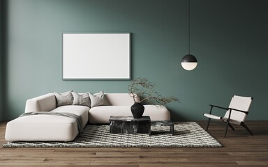 3d rendering of modern green living room with white sofa and coffee table. Carpet with a pattern on...