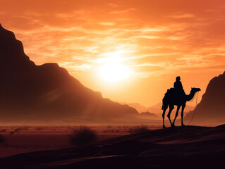 Fototapeta na wymiar man riding a camel through a desert landscape