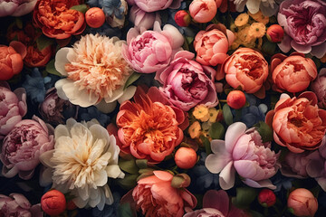 peonies in different shades, top down, generative ai