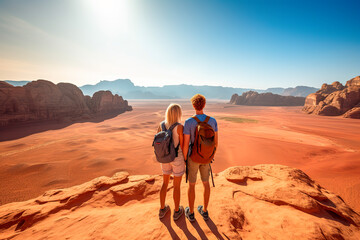 Young tourists enjoy the desert landscape with high mountains and red sand, couple on honeymoon. Generative AI