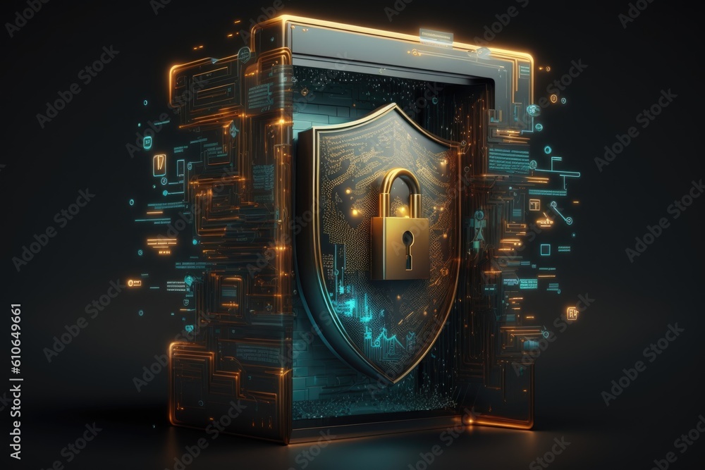 Poster the concept of data security. shield with dangling gold lock on digital background